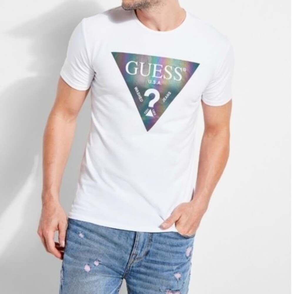 Guess Iridescent Triangle Logo T-Shirt White Rainbow Prism Graphic Tee